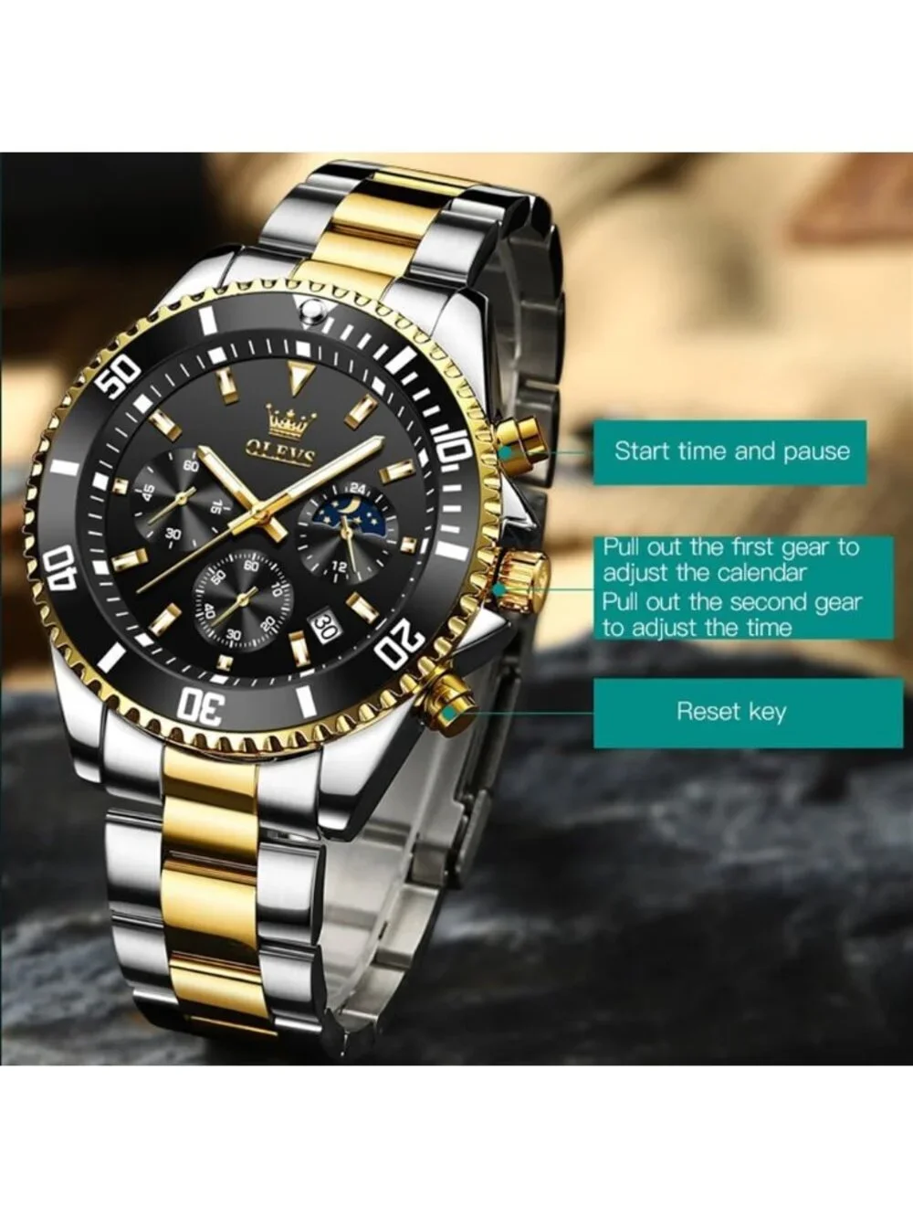 Men's Black Premium Gold and Silver Stainless Analog Rotatable Round Steel Watch
